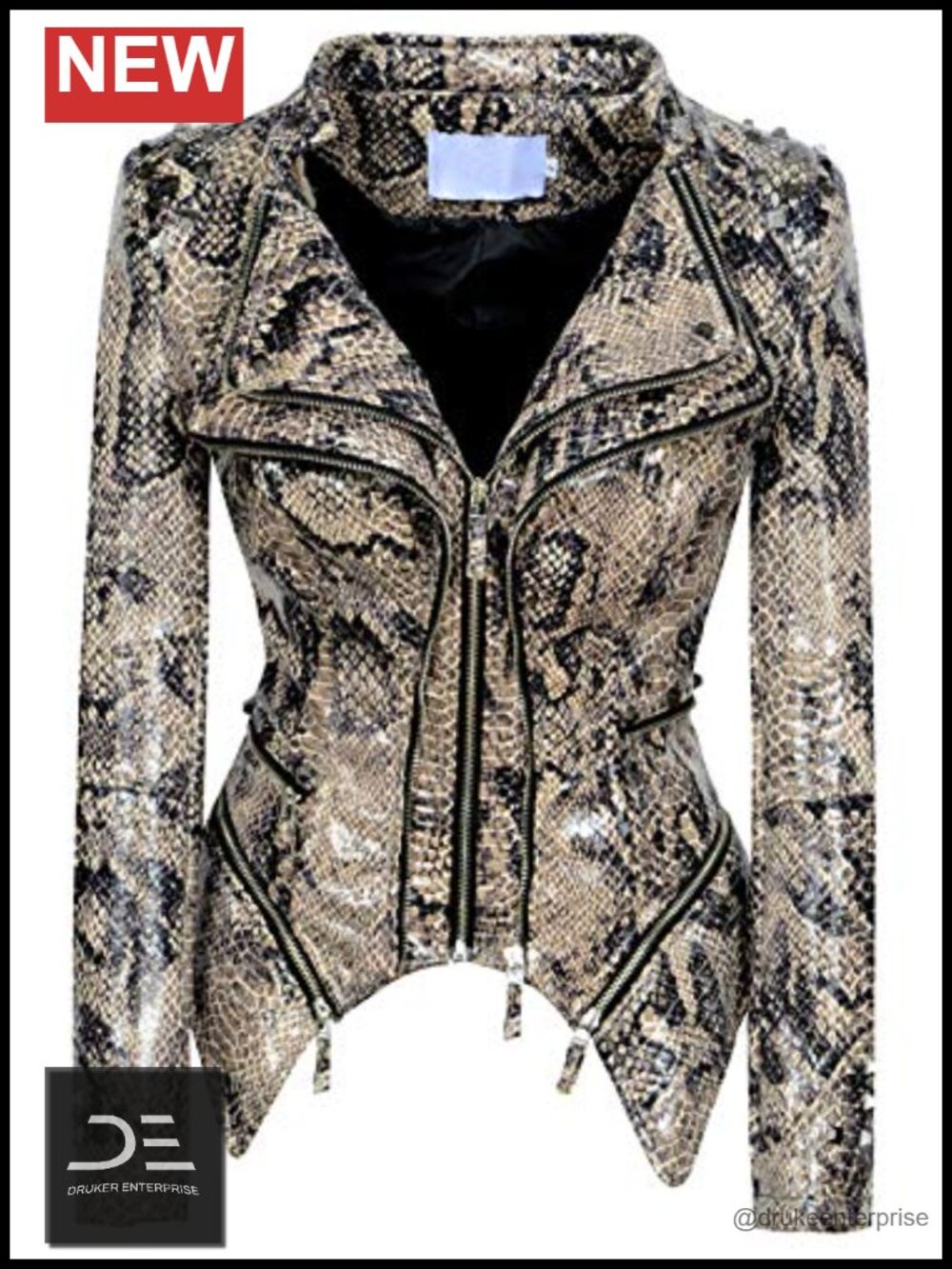 Faux Leather Moto Biker Jacket Snake Print Studded Slim Fit